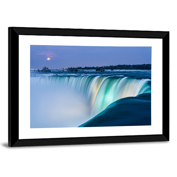 Dusk At Niagara Falls Canvas Wall Art in white, green and blue, framed print, product view on a white background