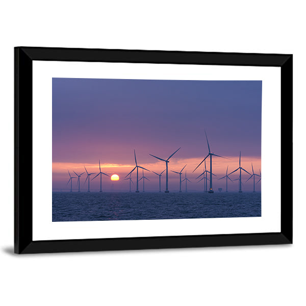 Lillgrund Offshore Wind Farm At Daybrake Canvas Wall Art in orange, blue and purple, framed print, product view on a white background