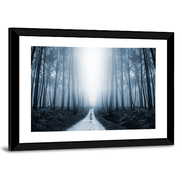Scary Misty Road In The Forest Canvas Wall Art