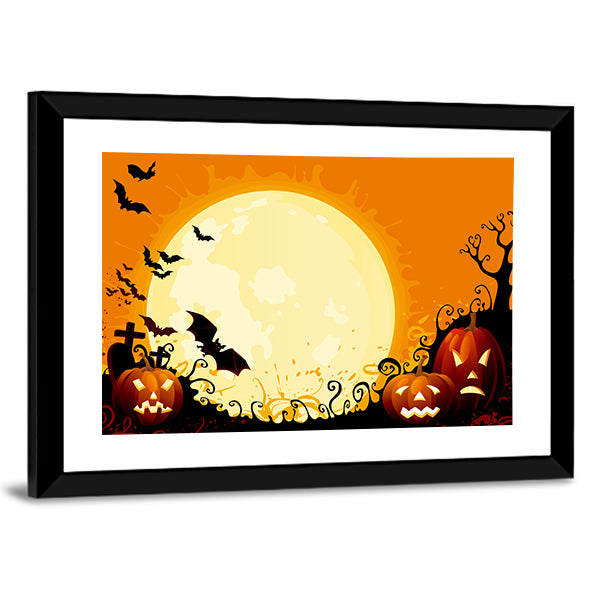 Jack-o'-lanterns Under Full Moon Canvas Wall Art