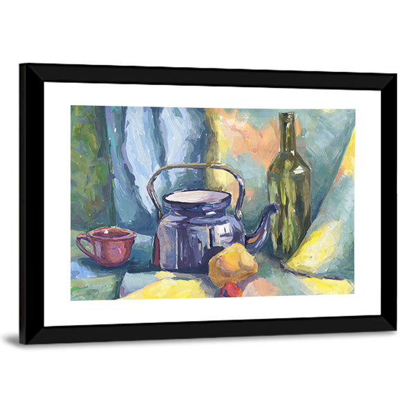 Dark Blue Kettle and Lemon Still Life Canvas Wall Art