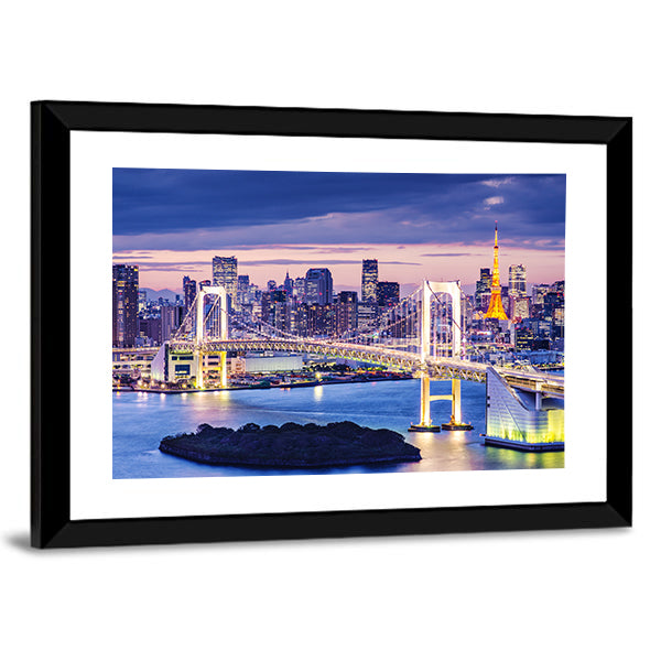 Rainbow Bridge Over Tokyo Bay Canvas Wall Art in yellow, blue and purple, framed print, product view on a white background