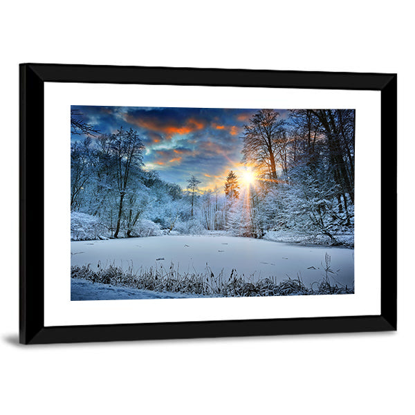 Spectacular Sunset Over Winter Forest Lake Canvas Wall Art