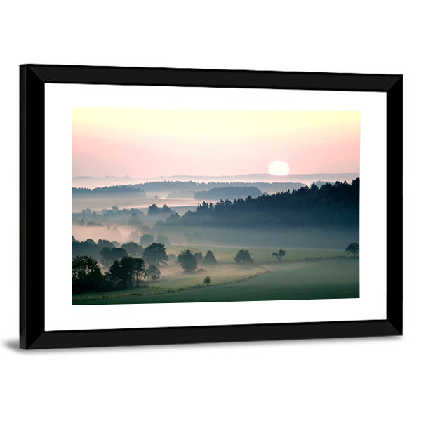 Misty Sunrise Over Layered Hills Canvas Wall Art