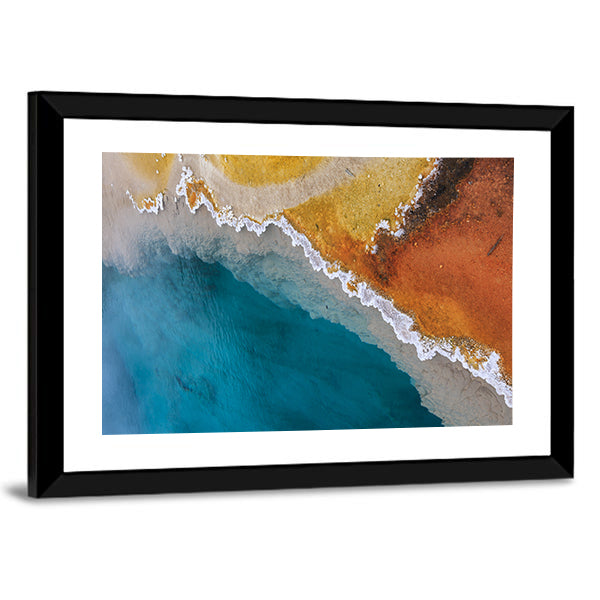 Hot Spring In Yellowstone National Park In Wyoming Canvas Wall Art in orange, yellow and blue, framed print, product view on a white background