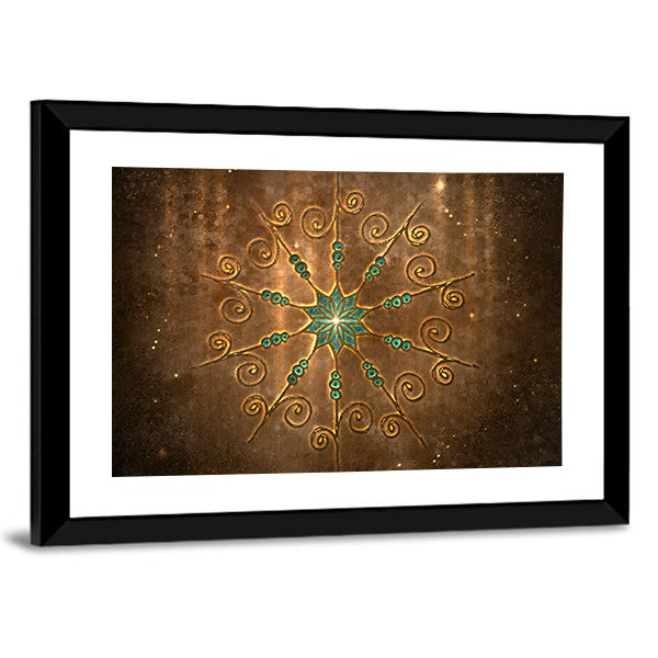 Fabric Style Mandala Canvas Wall Art in brown and gold, framed print, product view on a white background
