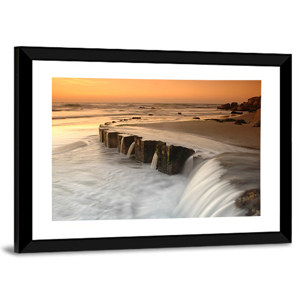 Waterfall By The Sea At Sunset Canvas Wall Art