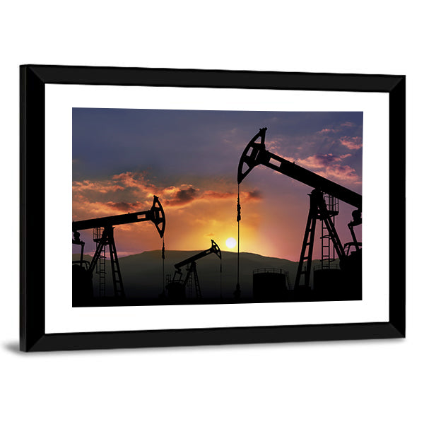 Oil Pumpjacks at Sunset Canvas Wall Art in black, orange and purple, framed print, product view on a white background