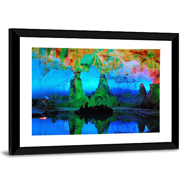 Guilin Limestone Cave with Reflective Pool Canvas Wall Art in green, blue and multicolor, framed print, product view on a white background
