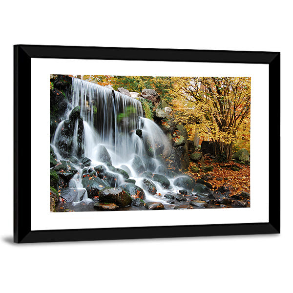 Autumn Waterfall in Sonsbeek Park Arnhem Canvas Wall Art in black, white and yellow, framed print, product view on a white background