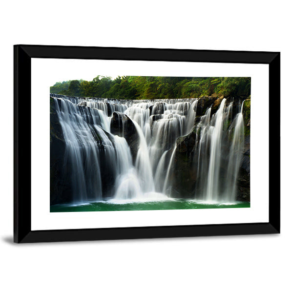 Waterfall In ShiFen Taiwan Canvas Wall Art in black, white and green, framed print, product view on a white background