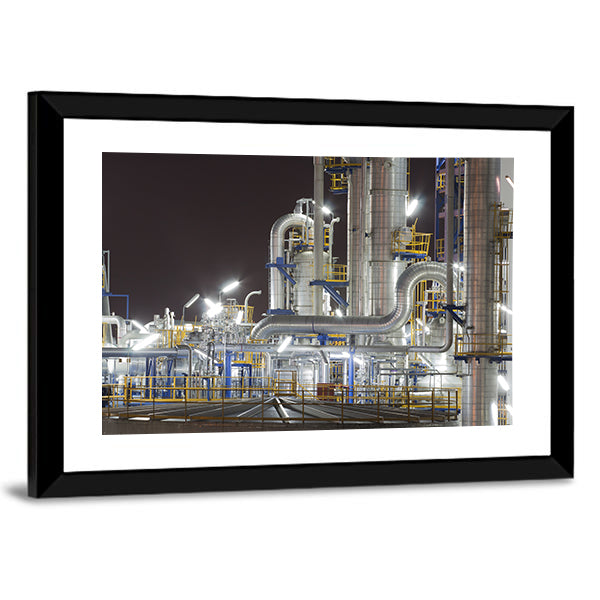 Chemical Industrial Plant at Night Canvas Wall Art in black, gray and silver, framed print, product view on a white background