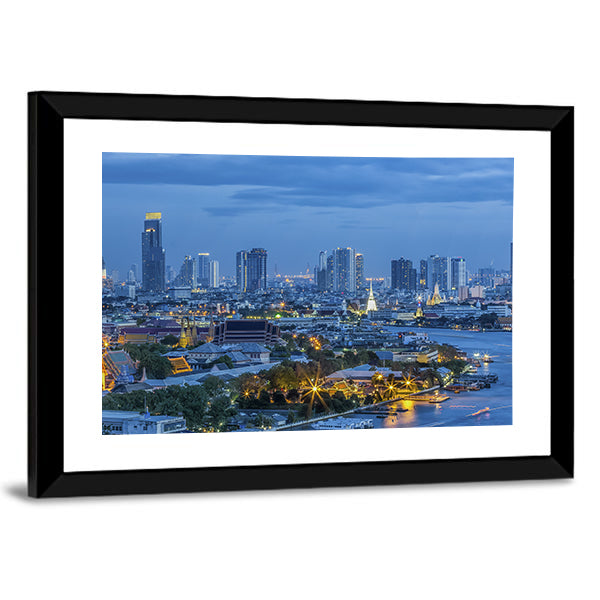 Grand Palace At Twilight In Bangkok Canvas Wall Art in gold and blue, framed print, product view on a white background