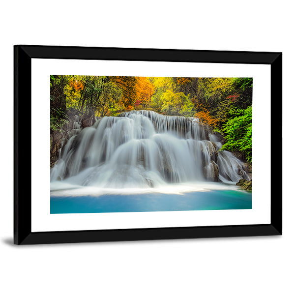 Tropical Waterfall In Thailand Canvas Wall Art in white, green and blue, framed print, product view on a white background