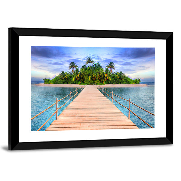 Wooden Pier to Tropical Maldives Island Canvas Wall Art