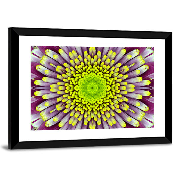Purple And Green Concentric Flower Canvas Wall Art in yellow, green and purple, framed print, product view on a white background