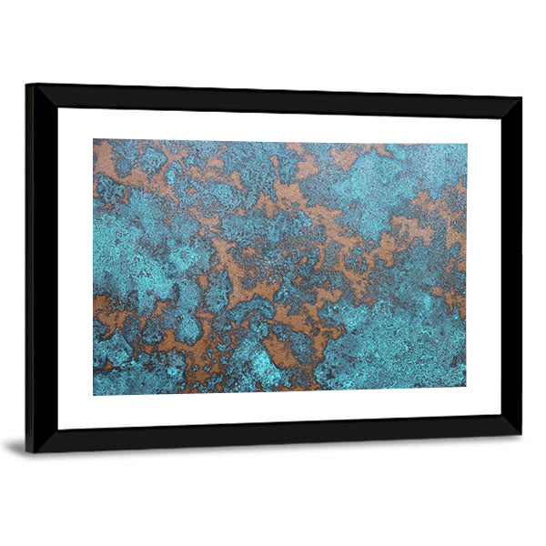 Aqua Rust Abstract Canvas Wall Art in brown and blue, framed print, product view on a white background