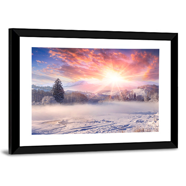 Winter Sunrise In Mountain Village Canvas Wall Art