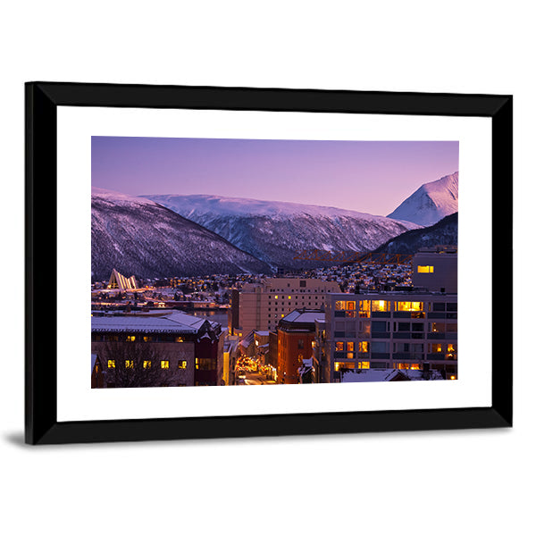 Tromso Cityscape At Dusk In Norway Canvas Wall Art in orange, blue and purple, framed print, product view on a white background