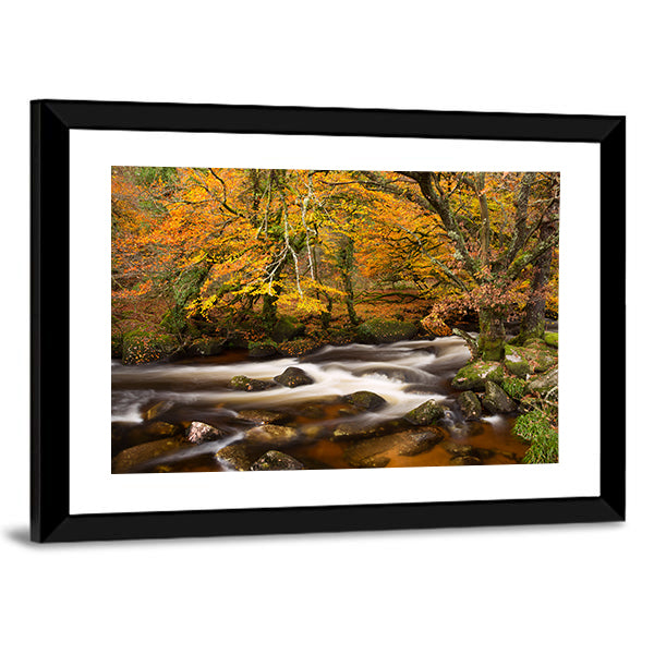 Autumn River in Dartmoor, Devon Canvas Wall Art in brown, orange and yellow, framed print, product view on a white background