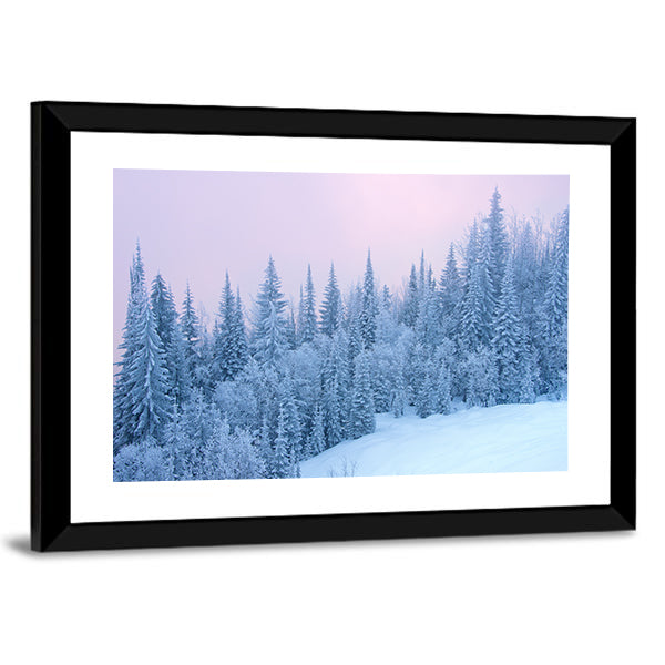 Winter Forest At The Sunset With Fog Canvas Wall Art