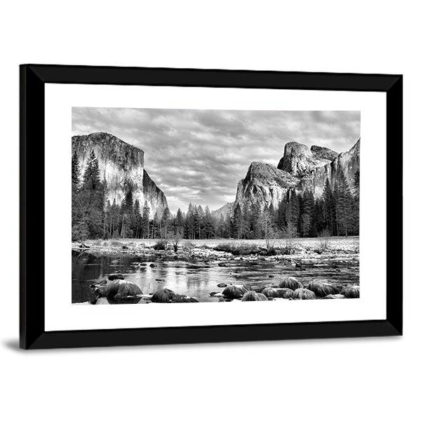 Yosemite Park In California Canvas Wall Art in black, white and gray, framed print, product view on a white background