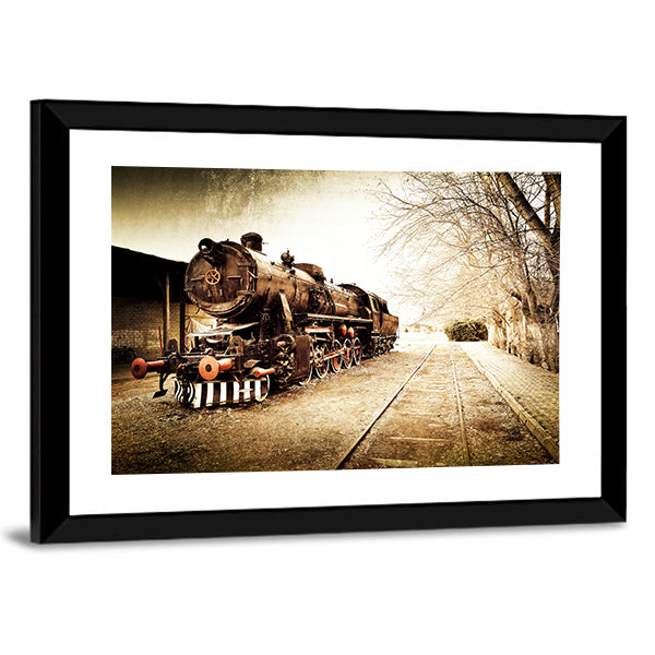 Antique Steam Locomotive in Sepia Canvas Wall Art in black, beige and brown, framed print, product view on a white background