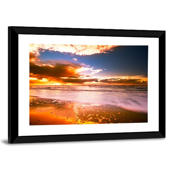 Sunset And Waves On The Beach Canvas Wall Art