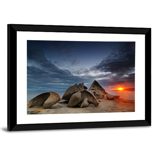 Remarkable Rocks on Kangaroo Island Beach Canvas Wall Art in gray, orange and blue, framed print, product view on a white background