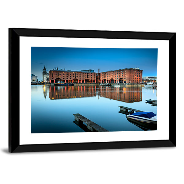 Albert Dock, Liverpool at Twilight Canvas Wall Art in brown, orange and blue, framed print, product view on a white background