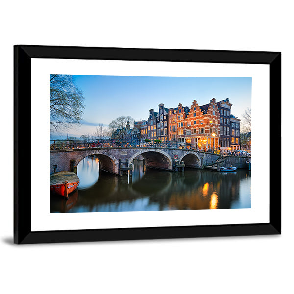 Sunset Over Brouwersgracht, Amsterdam Canvas Wall Art in brown, orange and blue, framed print, product view on a white background