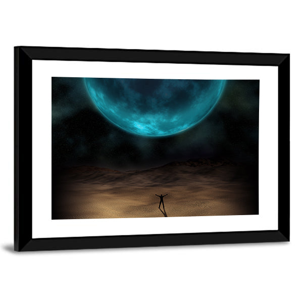 Silhouetted Figure Beneath Giant Blue Planet Canvas Wall Art
