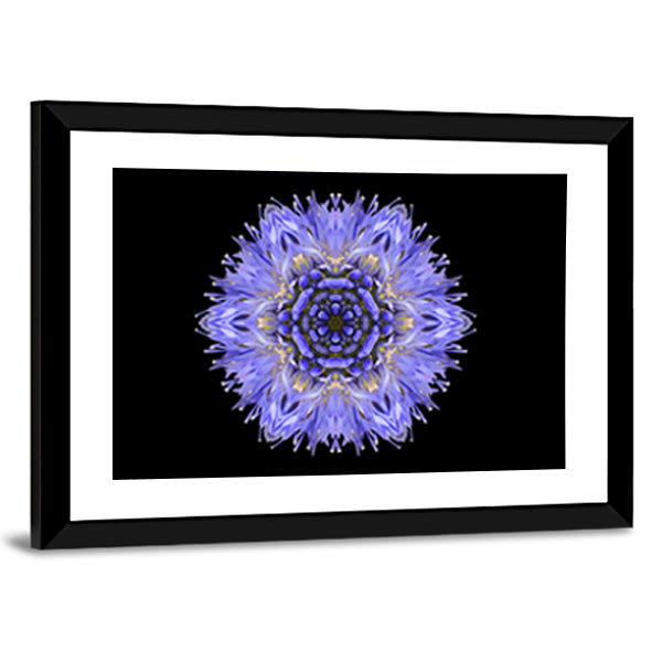 Blue Mandala Cornflower Canvas Wall Art in black, blue and purple, framed print, product view on a white background