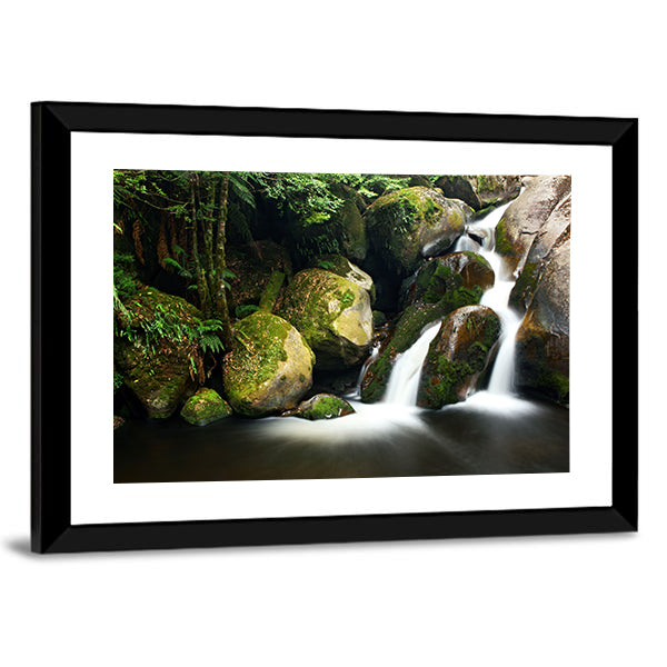 Yarra Ranges Waterfall In Victoria Australia Canvas Wall Art in white, brown and green, framed print, product view on a white background