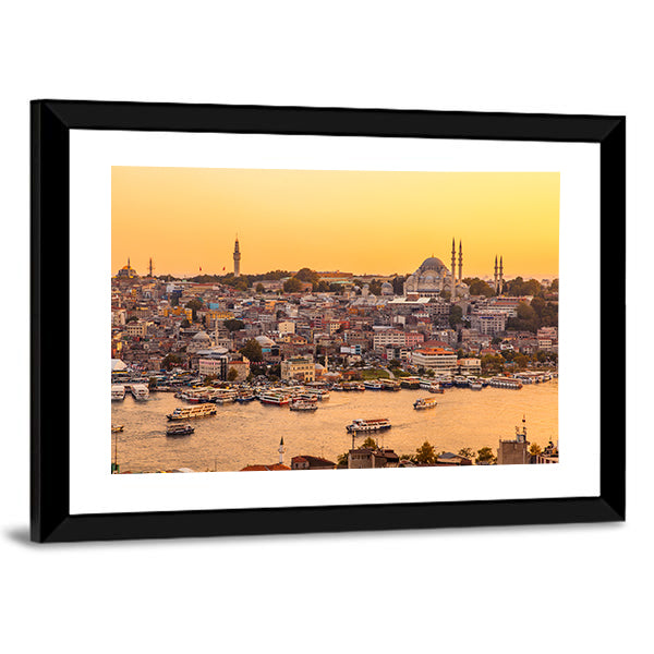 View On Golden Horn Bay From Galata Tower Canvas Wall Art in brown, gold and yellow, framed print, product view on a white background