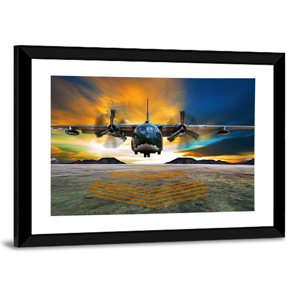 Twin-engine Military Transport at Golden Hour Canvas Wall Art