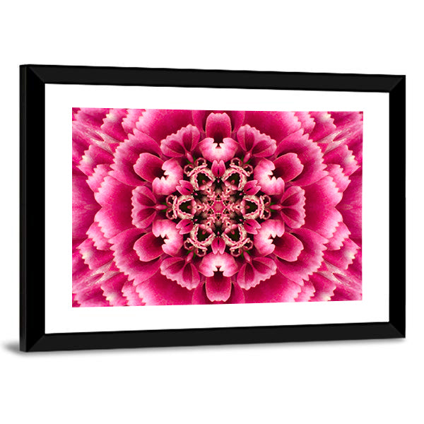 Concentric Mandala Flower Canvas Wall Art in purple and pink, framed print, product view on a white background