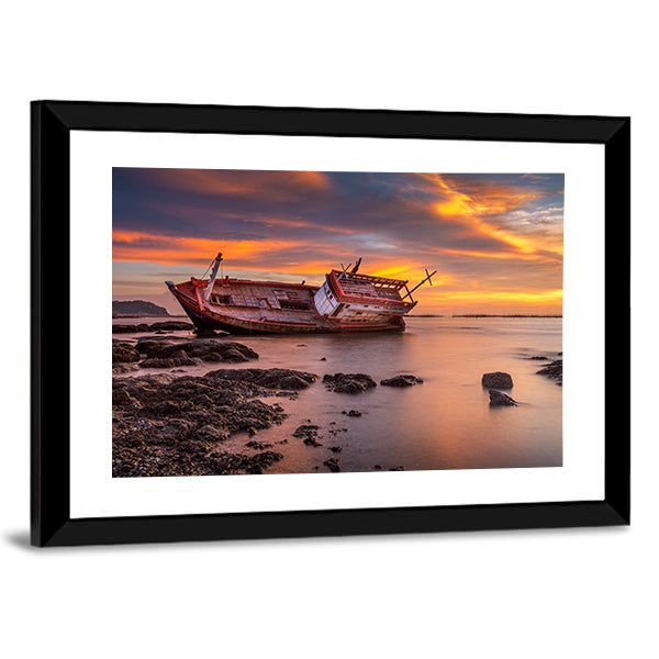 Fishing Boat Moored On Beach At Sunset Canvas Wall Art