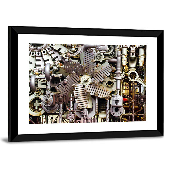 Assembled Metal Machine Parts Canvas Wall Art in gray and silver, framed print, product view on a white background
