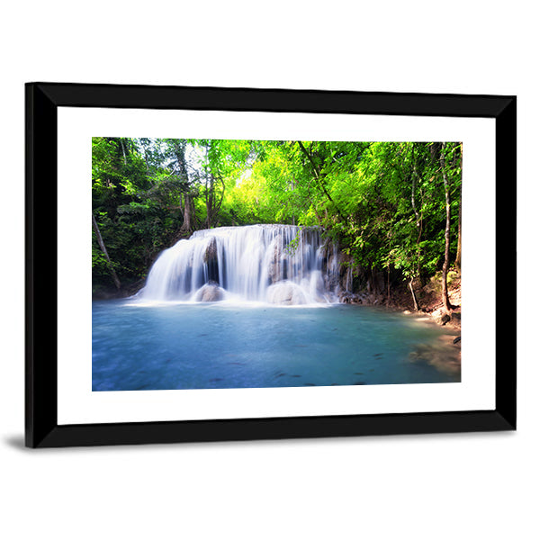 Tropical Waterfall in Thailand Canvas Wall Art in white, green and blue, framed print, product view on a white background