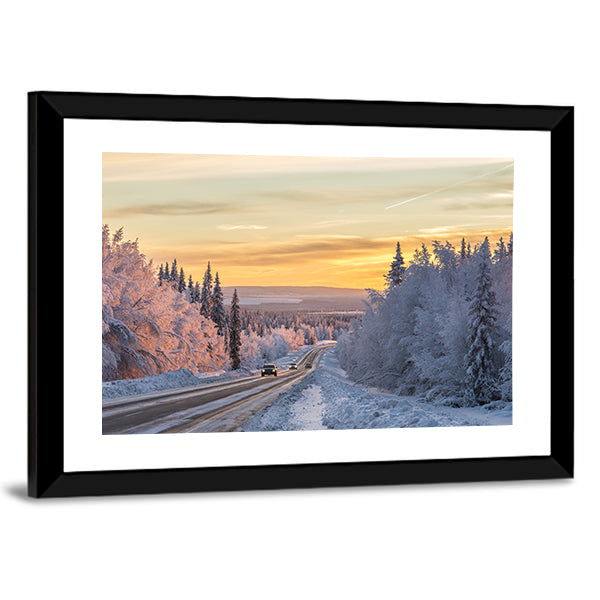 Winter Road In Northern Sweden Canvas Wall Art