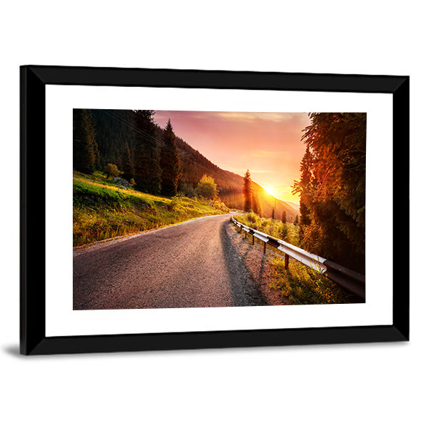 Mountain Road at Sunset in Kazakhstan Canvas Wall Art in orange, yellow and green, framed print, product view on a white background
