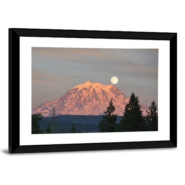 Supermoon Over Mount Rainier Canvas Wall Art in white, gray and pink, framed print, product view on a white background