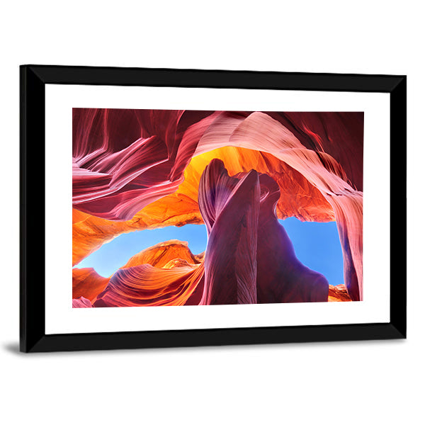 Antelope Canyon In Navajo Reservation Arizona Canvas Wall Art in red, orange and purple, framed print, product view on a white background
