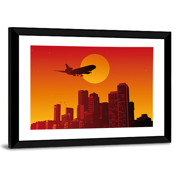 Airplane with Landing Gear Over Sunset City Canvas Wall Art