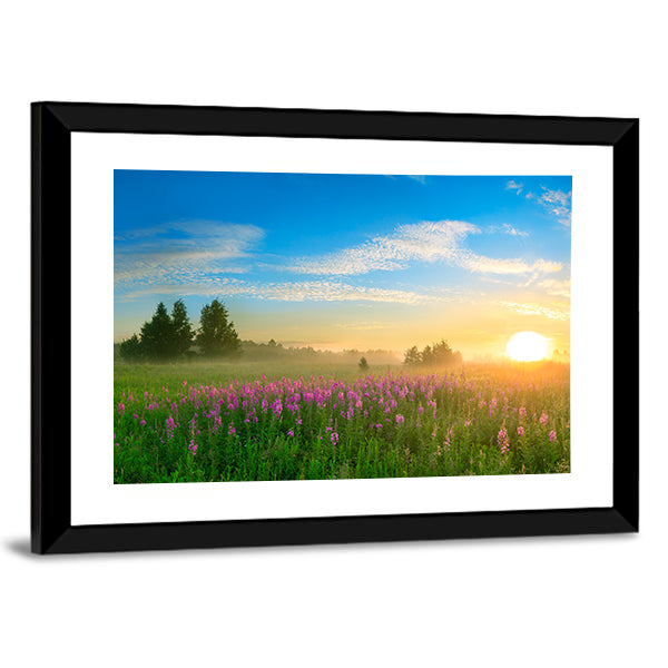 Sunrise Over Blossoming Meadow Canvas Wall Art