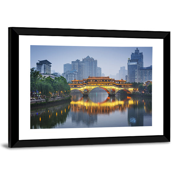 Anshun Bridge on Jin River Chengdu Canvas Wall Art in gray, gold and blue, framed print, product view on a white background
