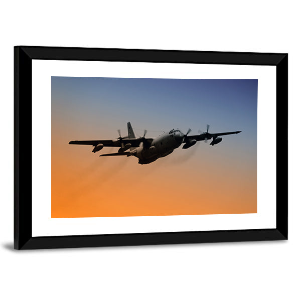 Military Airplane Flying Into Early Morning Sky Canvas Wall Art
