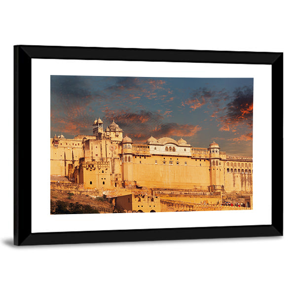 Amber Fort in Jaipur, India Canvas Wall Art in orange, yellow and blue, framed print, product view on a white background