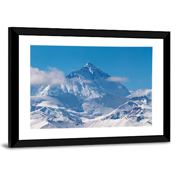 Mount Everest Snow Peaks Canvas Wall Art in white and blue, framed print, product view on a white background